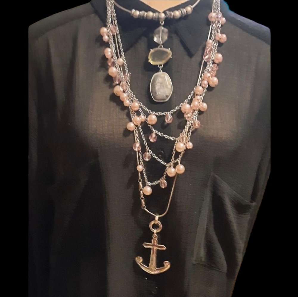 Lot 3 necklaces statement boho long/choker/collar metal Anchor Beaded boho